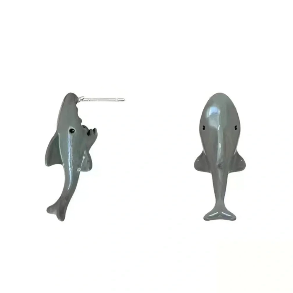 Small Shark Biting Ears Cute Funny Design| Earring Art Stud Jewelry Gift - Picture 1 of 5